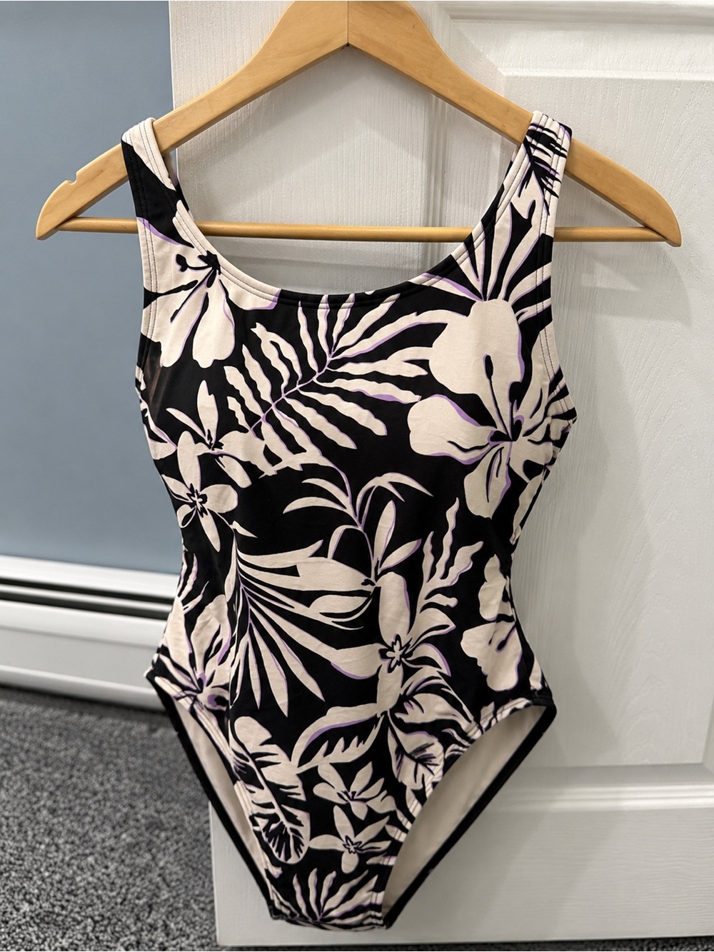Athleta Girl Black Floral One-Piece Swimsuit with Cream and Lavender Print
